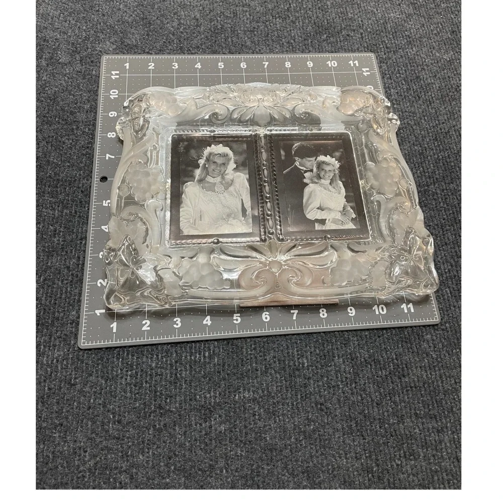 Vintage Frosted Glass Double Picture Frame Grape Vine Relief Tabletop Ornate